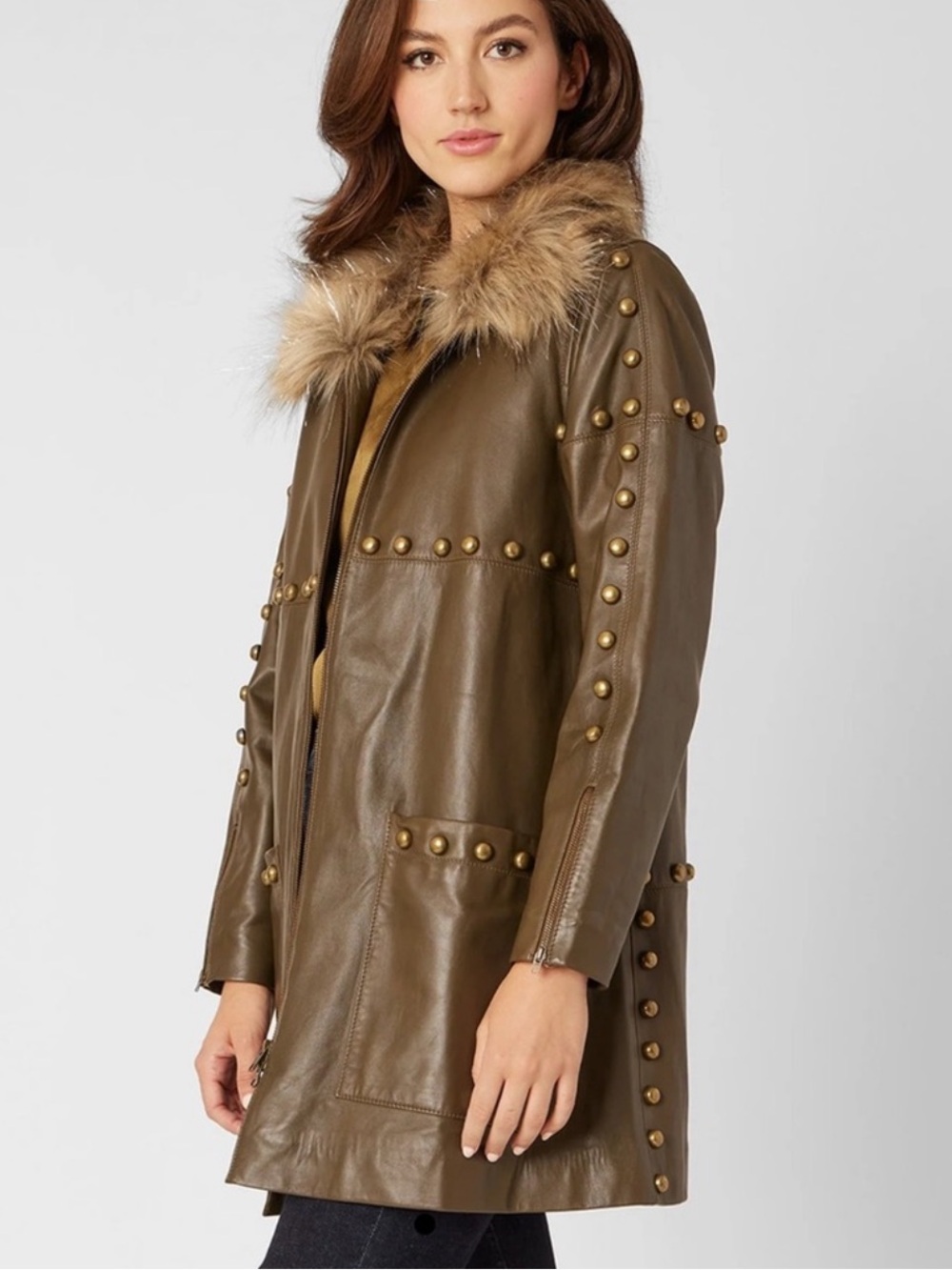 Adrienne Landau Olive Leather Coat branch with Faux-Fur Collar and Studs S New $